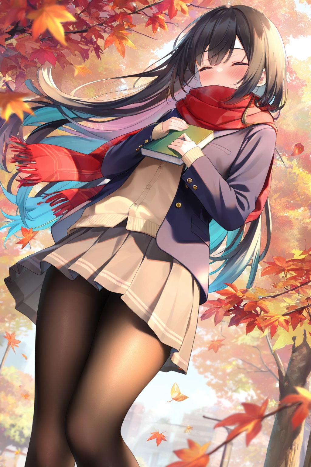masterpiece,extremely aesthetic,newest,very vibrant colors,best quality,amazing quality,very aesthetic,1girl,solo,long hair,scarf,black hair,pantyhose,leaf,skirt,red scarf,black pantyhose,closed eyes,blush,branch,book,autumn leaves,school uniform,jacket,