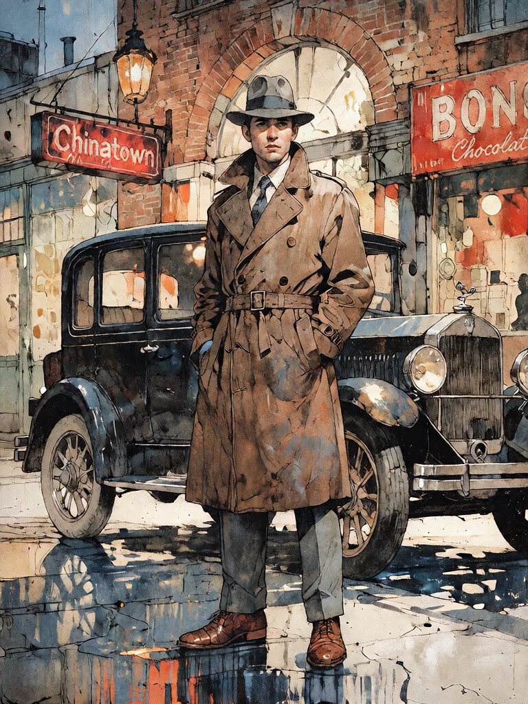 Bradhamel art style,  cinematic illustration of a man in a brown trench coat and fedora standing beside a vintage black au...