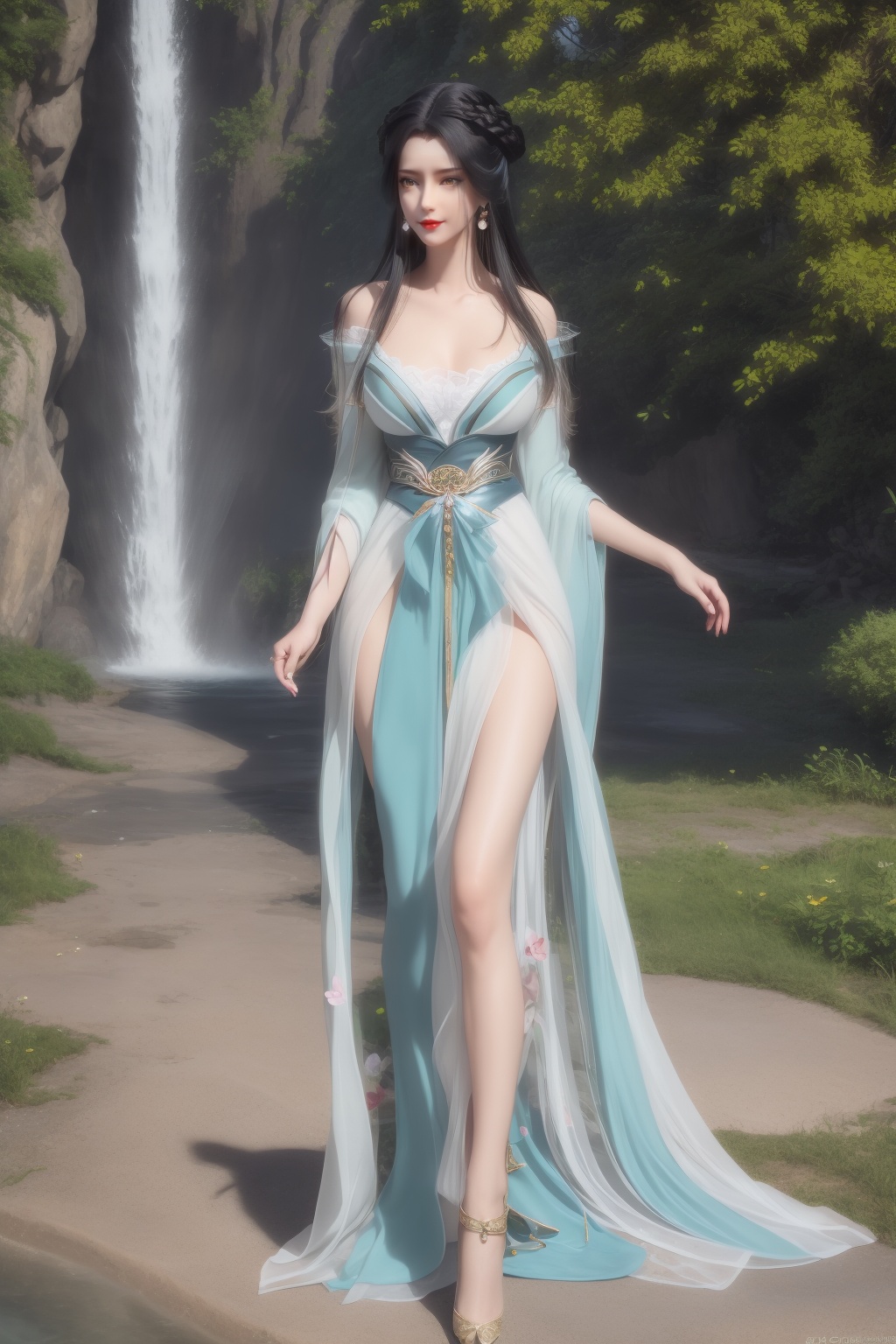 ultra realistic 8k cg,flawless,clean,masterpiece,professional artwork,famous artwork,perfect face,beautiful face,best quality,full_shot,absurdres,1girl,solo,hanfu,dress,standing,bare shoulders,facial mark,forehead mark,hair bun,hair rings,chinese clothes,sparkle,torogao,smile,makeup,red lips,breasts,large breasts,jewelry,earrings,hair ornament,(outdoors:1.4),water,waterfall,butterfly,flower,long hair,realistic,looking at viewer,high heels,<lora:shenfengJ_20240105120823-000004:0.7>,