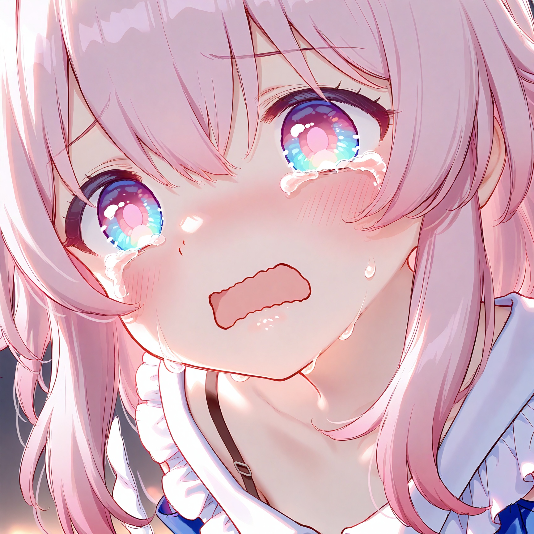 masterpiece,very aware,highres,absurdres,newest,best quality,high quality,loli,petite,chromatic_aberration,//,(loli)1girl,solo,pink hair,tears,crying,crying with eyes open,open mouth,blue eyes,collarbone,portrait,blush,looking at viewer,long hair,multicolored eyes,wavy mouth,two-tone eyes,shirt,hair between eyes,frills,pink eyes,bra strap,march 7th \(honkai: star rail\),close-up,year_2023,year_2024,<lora:loli Style——【noob】hans:1>,