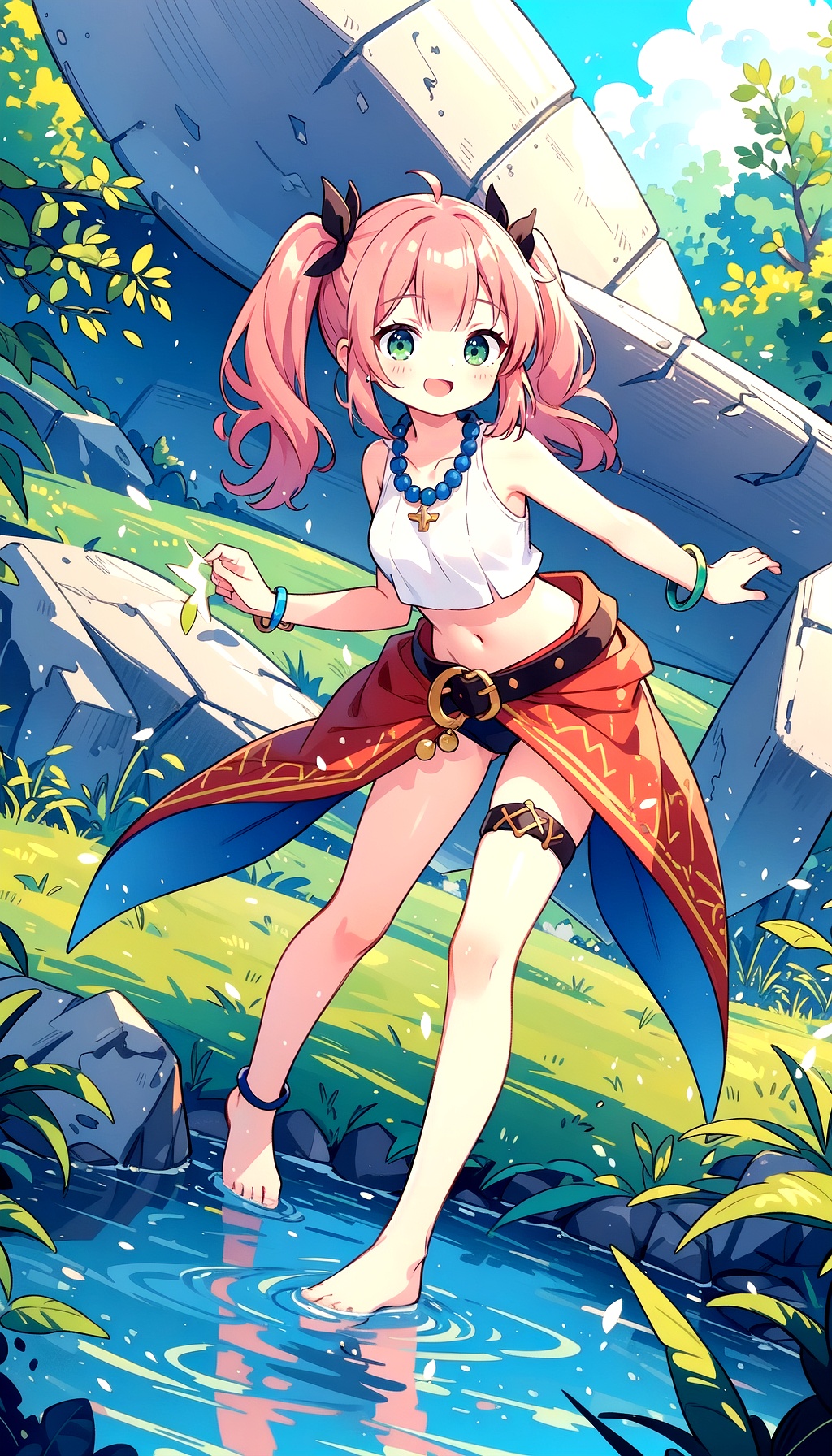 (masterpiece, best quality, ultra-detailed, highres),perfect face,sidelighting,lustrous skin,(bloom),(shine),lighting,ray tracing,outdoor,depth_of_field,very detailed background,highly detailed background,Masterpiece,Ultra detailed,great composition,Dynamic angle,[Bottle bottom],(wide shot),extremely delicate and beautiful,(Highest picture quality),(Master's work),(Detailed eyes description),(Detailed face description),(fantasy),depth of field,solo,Beautiful girl,extreme light and shadow,masterpiece,rich in detail,(fine features),(highest quality),(masterpiece),(beautiful) detailed girl,(straight-on),full body,(extremely detailed CG unity 8k wallpaper),(masterpiece),(best quality),(ultra-detailed),(best illustration),Volumetric Lighting,Best Shadows,Shallow,(masterpiece, best quality, ultra-detailed, highres),sidelighting,(bloom),(shine),lighting,ray tracing,evil_smile,close up,((extremely glossy)),1girl,solo,vanille,twintails,green eyes,tribal jewelry,necklace,bracelet,beads,pink crop top,belt,sarong,clothes around waist,waist up,rock formations,blue sky,field,landscape,cloud trails,looking at you,happy,open mouth,medium breasts,((extremely glossy)),((glossy skin)),((soft reflective skin)),((reflections)),wide shot,