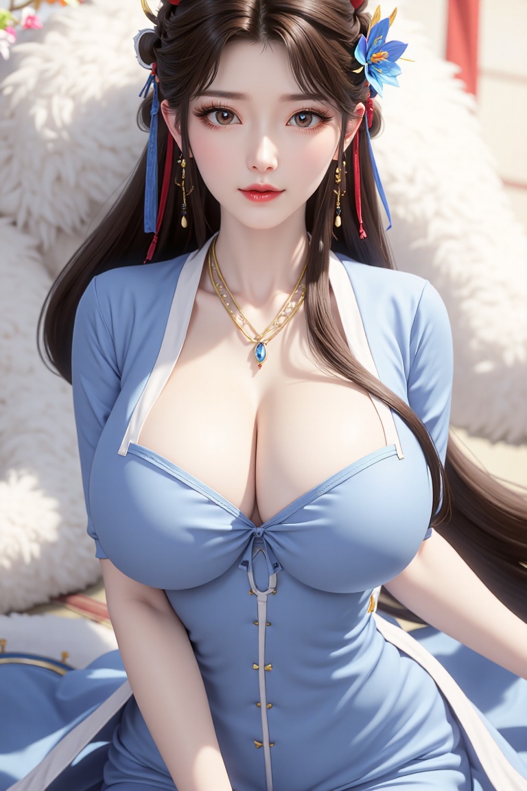 lrhie,High quality,masterpiece,rich details,Blue oriental dragon,white dragon hair,real fur,xiaoyan,1girl,solo,long hair,breasts,looking at viewer,blue eyes,black hair,hair ornament,long sleeves,dress,cleavage,jewelry,medium breasts,tail,flower,earrings,horns,hair bun,blue dress,chinese clothes,single hair bun,<lora:models/4704/6ee8d93f.safetensors:0.8:0.8>