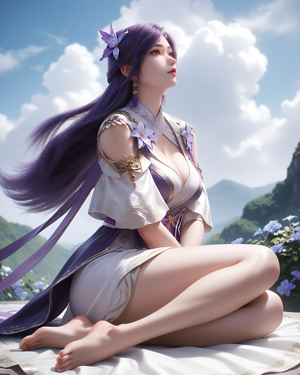 1girl,solo,long hair,breast,medium breast,earrings,hair_ornament,dress,bare_legs,(gaden:1.1),(flower:1.1),sitting,sky,day,thick_thighs,barefoot,brown eyes,purple hair,<lora:wy_yunxi_yr_XL5.0:0.8>,, score_9,score_8_up,score_7_up,score_6_up,score_5_up,score_4_up,