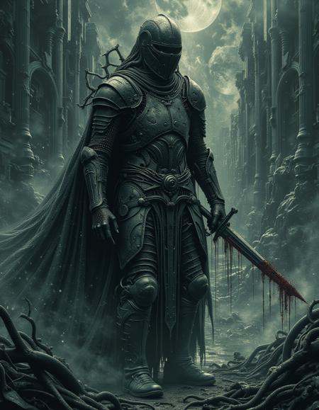 A spectral knight clad in ancient crusader armor roams a desolate battlefield,  his form flickering like a ghost. His swor...