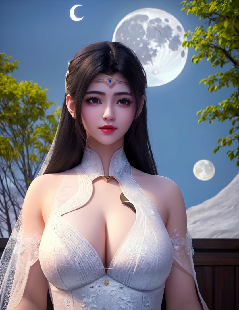 <lora:524-DA-大主宰-苏宣儿:0.8>(,1girl, ,best quality, ),looking at viewer,  ,ultra detailed background,ultra detailed background,ultra realistic 8k cg, ,masterpiece, (( , )),, ,fiction,mole,,      ,(cleavage), (),  ,see-through, lace, (((, solo, moon, , bare_tree, )))(cleavage),