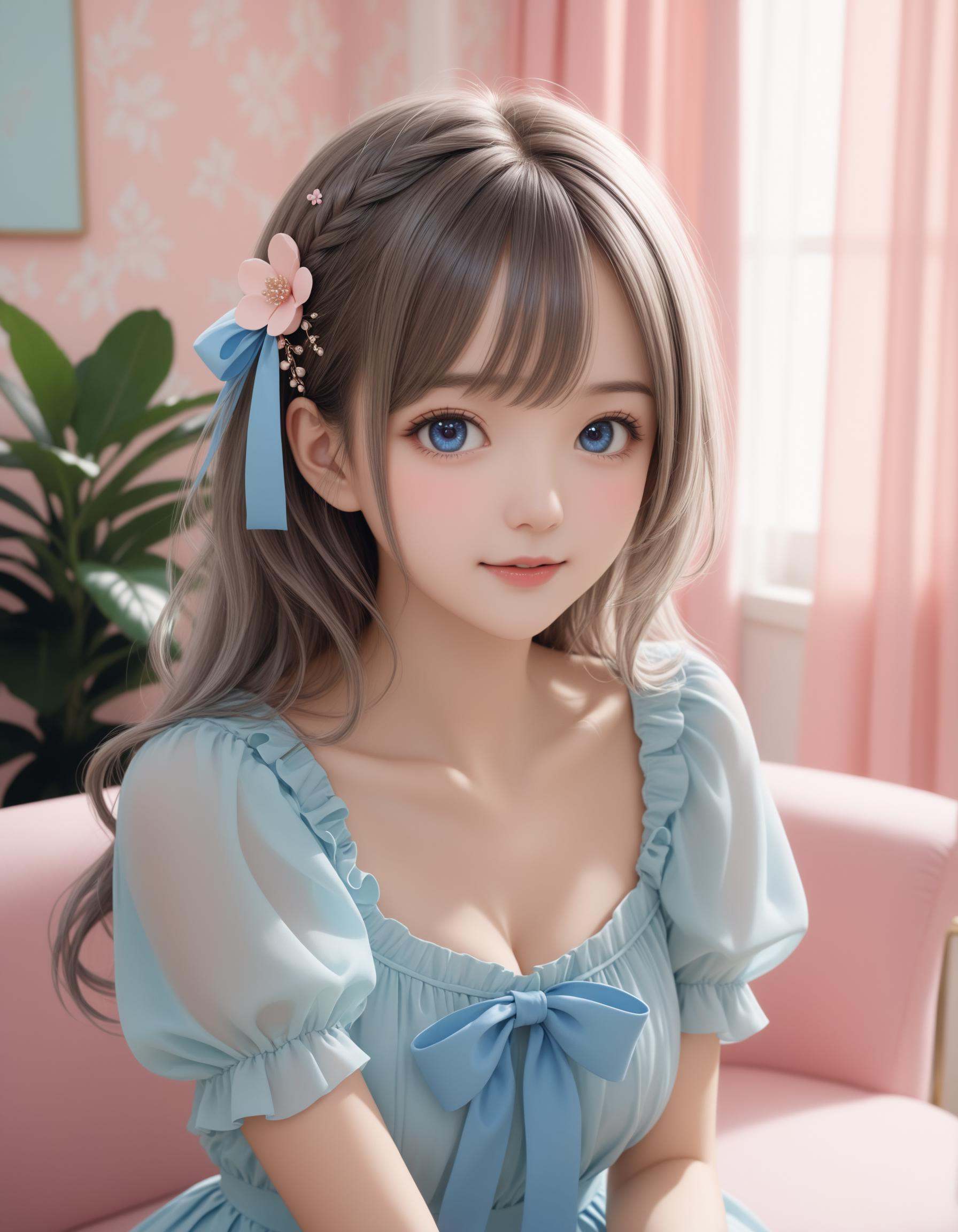 SceneDescription: - Composition: Portrait. Face focus. Shooting from front. - Subject: A cute girl. - Characteristics: - F...