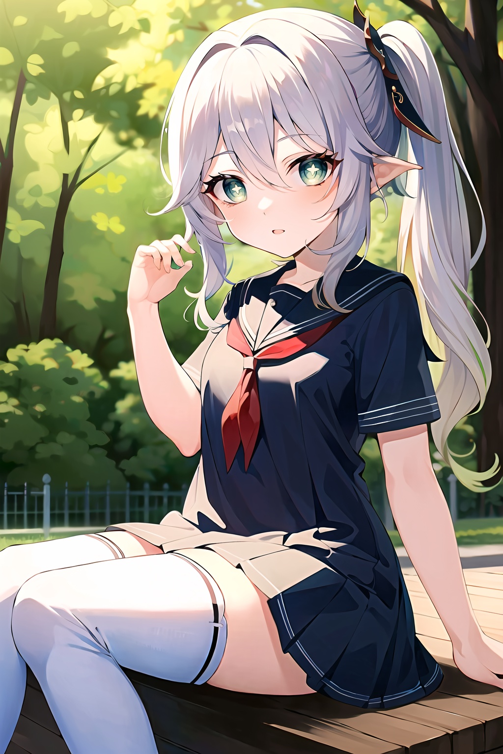 (masterpiece, best quality:1.2),insanely detailed,absurdres,ultra-highres,ultra-detailed,best quality,slender,kawaii,perfect symmetrical face,ultra cute girl,ultra cute face,ultra detailed eyes,ultra cute,ultra beautifu,nahida \(genshin impact\),1girl,solo,loli,side ponytail,school uniform,white thighhighs,serafuku,<lora:nahidaV2-000008:0.8>,+_+,symbol-shaped pupils,outdoors,sitting,