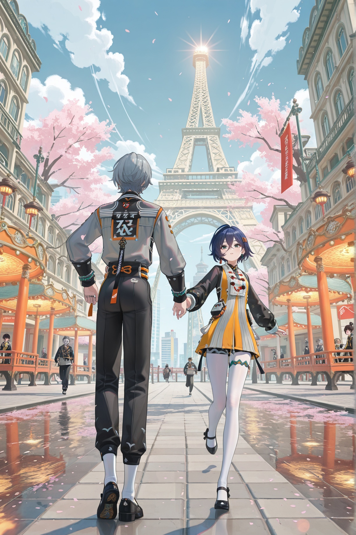 8k,best quality,masterpiece,(ultra-detailed),(high detailed skin),(year 2024:0.8),flat color,artist:maidforge,artist:aqua inc.,artist:edoya inuhachi,artist:reoen,artist:fuzichoco,(Paris Cityscape:1.2),(Tour Eiffel:1.5),dynamic perspective,low angle shot,(motion blur:0.7),twilight sky with orange-pink hues,floating neon lights,city lights reflections on wet pavement,abstract geometric light trails,(art deco architecture:0.6),ornate iron fences,floating cherry blossoms,vintage street lamps,distant carousel with glowing lights,asymmetrical cloud patterns,(soft lens flare:0.8),blurred crowd in background,French flag bunting,illuminated river Seine in distance,angled composition with leaning tower perspective,glowing Eiffel Tower lattice details,dynamic camera tilt.,Wise and Belle,1boy and 1girl,hand in hand,running,chasing,<lora:zhelinew-ill-Tanger:0.8>,Wise \(Zenless Zone Zero\),Wise alternate costume,clothes: Wisenew chinese suit,grey hair,1boy,male focus,black footwear,long sleeves,hair between eyes,jewelry,Wisenew grey shirt,bracelet,Belle \(Zenless Zone Zero\),Belle alternate costume,clothes: Bellenew chinese yellow dress,dark blue hair,white pantyhose,1girl,black footwear,long black sleeves,short hair,hair ornament,