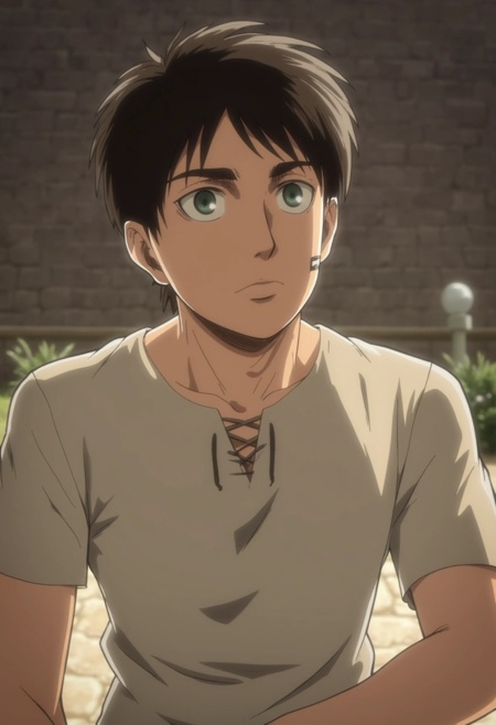 A young man with short,  messy dark hair,  wearing a simple outfit that reflects his early determination and resolve. His...