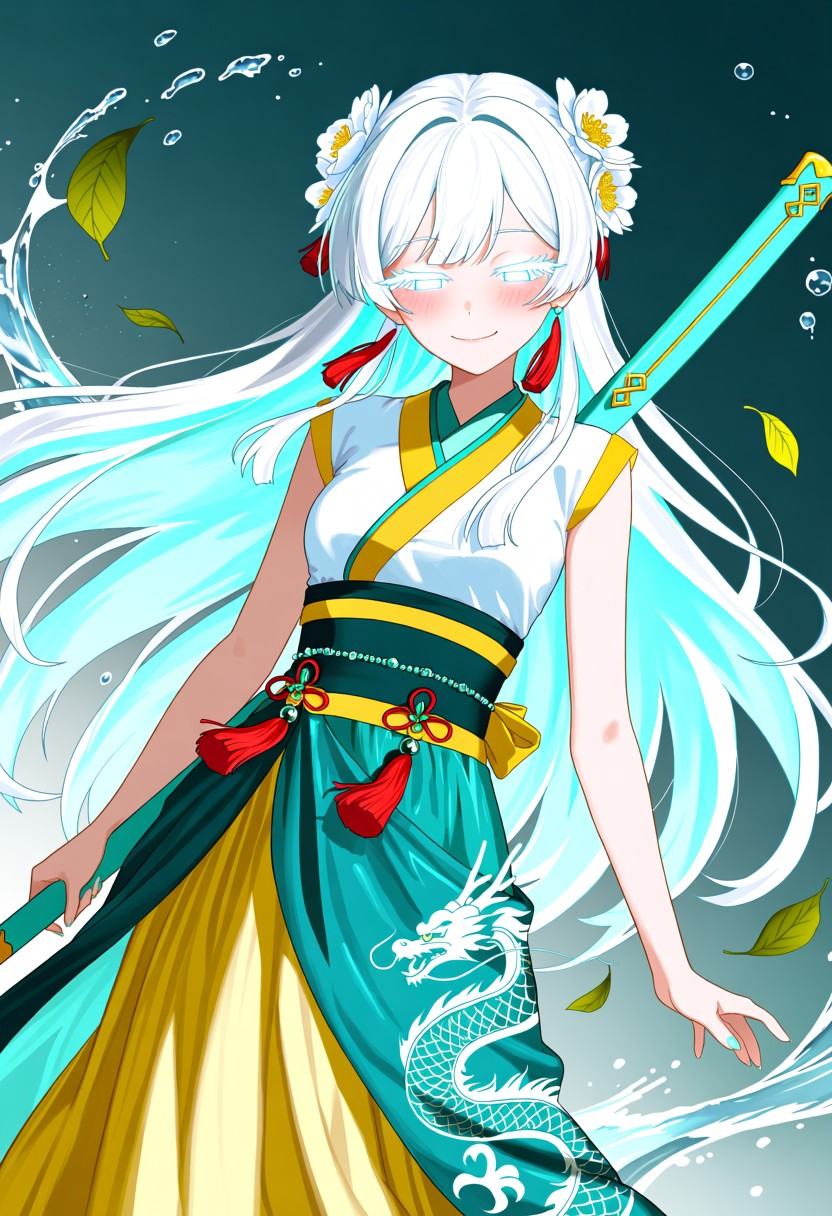 An anime illustration of a solo female character with glowing white eyes,  white eyeliner and white eyeshadow. She has ver...