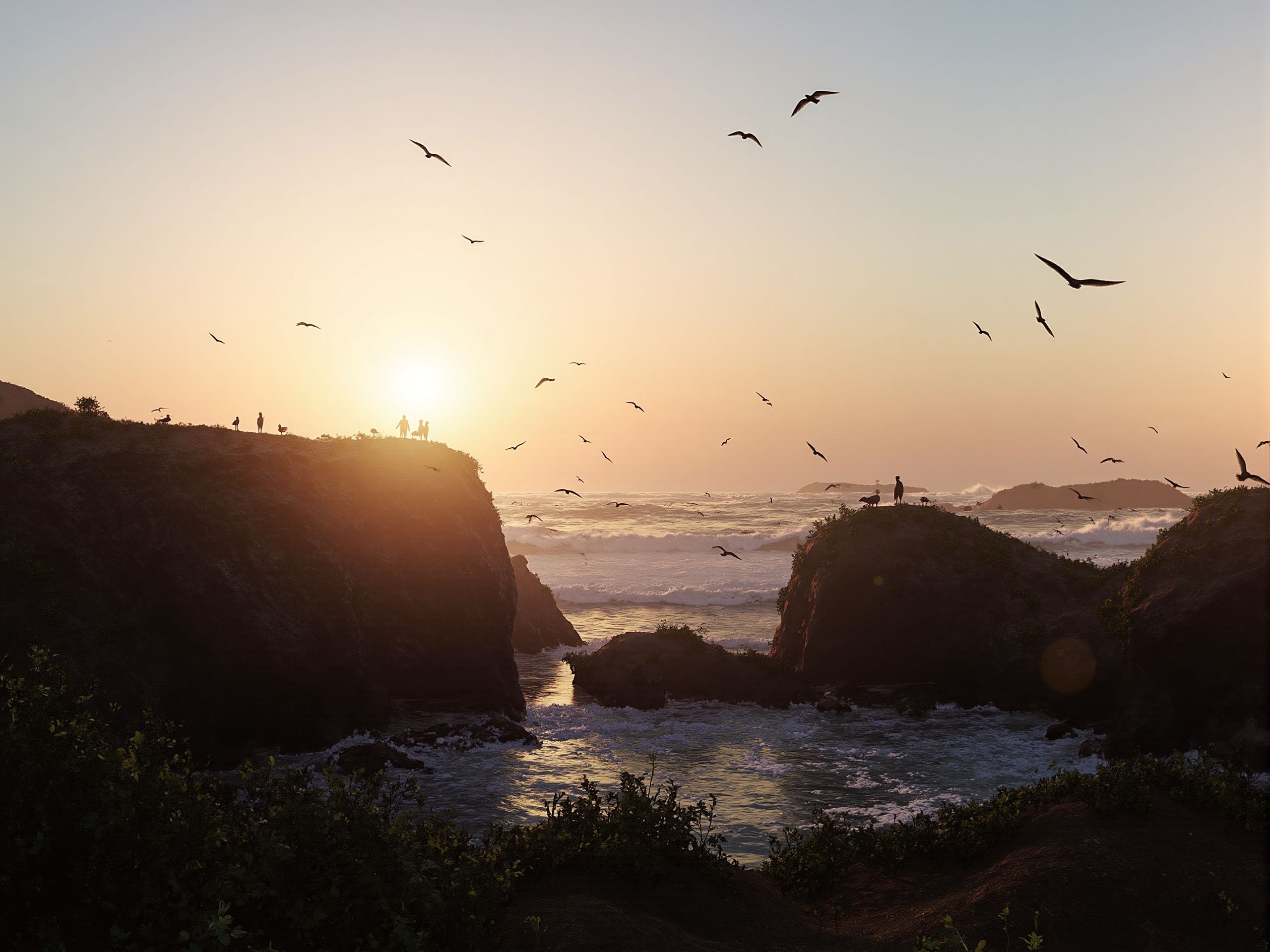 An image of a coastal cliff at sunset, with the sun sinking into the ocean and casting a golden glow over the rocks. Seagulls circle overhead, and the sound of the waves crashing against the cliffs fills the air. The scene is one of the day's end and the beauty of the sea.<lora:S_BLACKGROUD_:1>