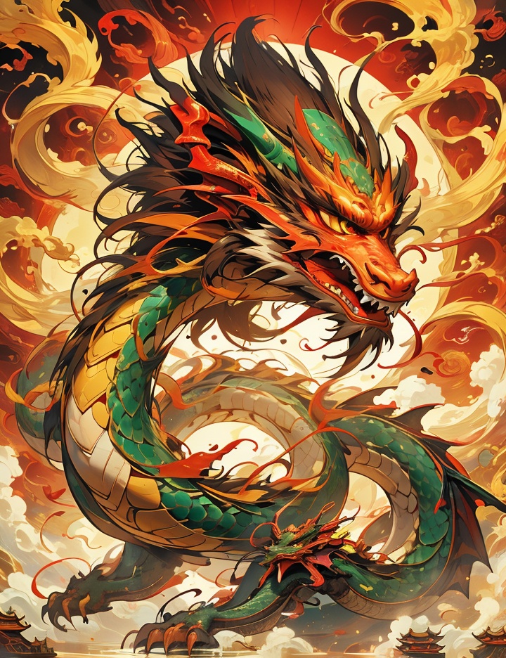 Thick color style, ancient Chinese mythology style, 1 Chinese dragon, solo, surrounded by flames, burners flame,(1 dragon:1.6)