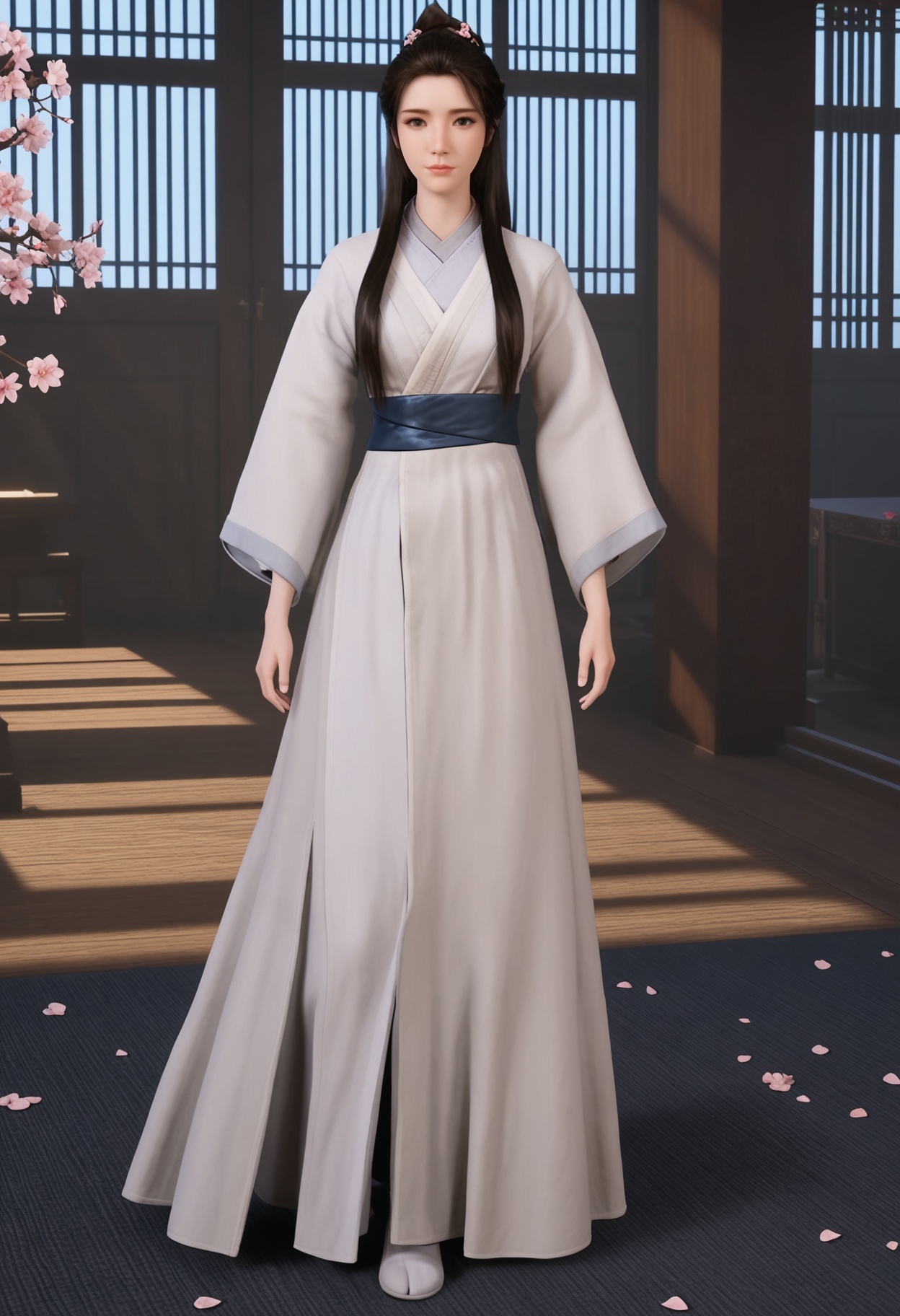 (full_body:1.1),(looking at viewer:1.1),masterpiece,(best quality),smog,Dark room,dim lighting,peach blossom,falling petals,<lora:YQ_Illustrious光辉v5_辛如音_V1:0.8>,q1528437228,1girl,solo,long hair,chinese clothes,hanfu,white dress,black hair,brown hair,hair ornament,brown eyes,sash,hair bun,hair flower,black eyes,braid,ponytail,forehead,jewelry,