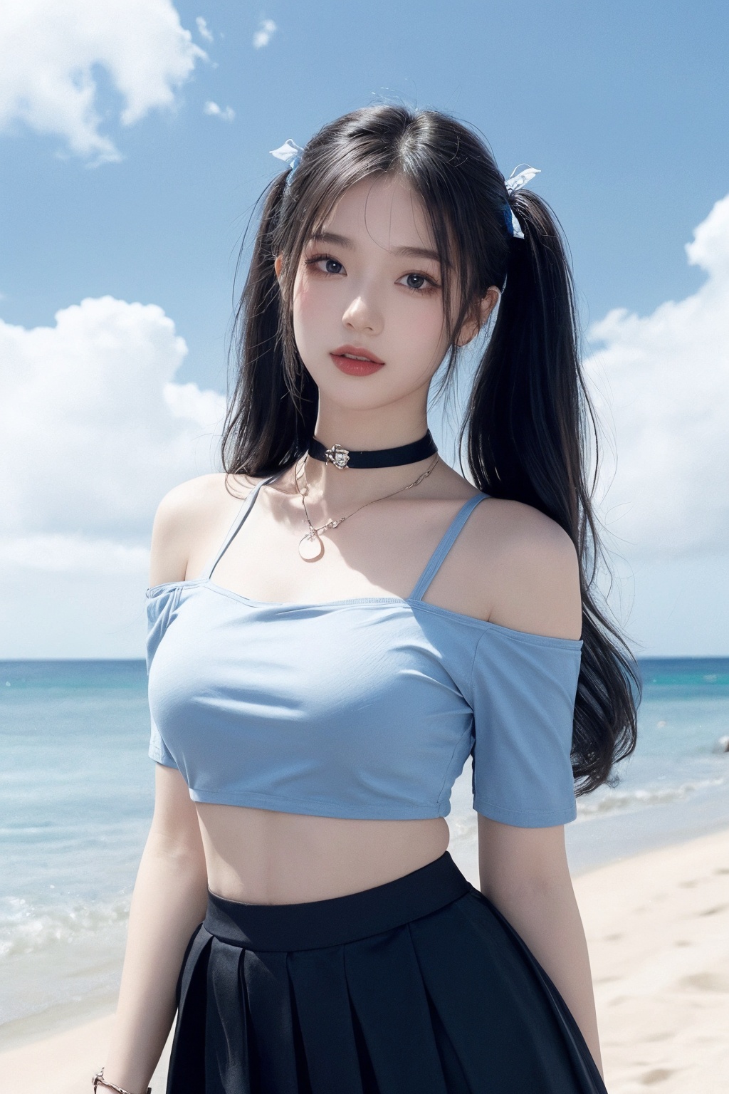 1girl,beach, black choker, black skirt, blue hair, blue sky, bra strap, bracelet, breasts, choker, cloud, cloudy sky, cowboy shot, crop top, cross, day, hair ribbon, jewelry, lips, long hair, looking at viewer, midriff, navel, necklace, ocean, off-shoulder shirt, off shoulder, outdoors, pleated skirt, ribbon, shirt, skirt, sky, smile, solo, standing, twintails  <lora:美女2.0:0.8>
