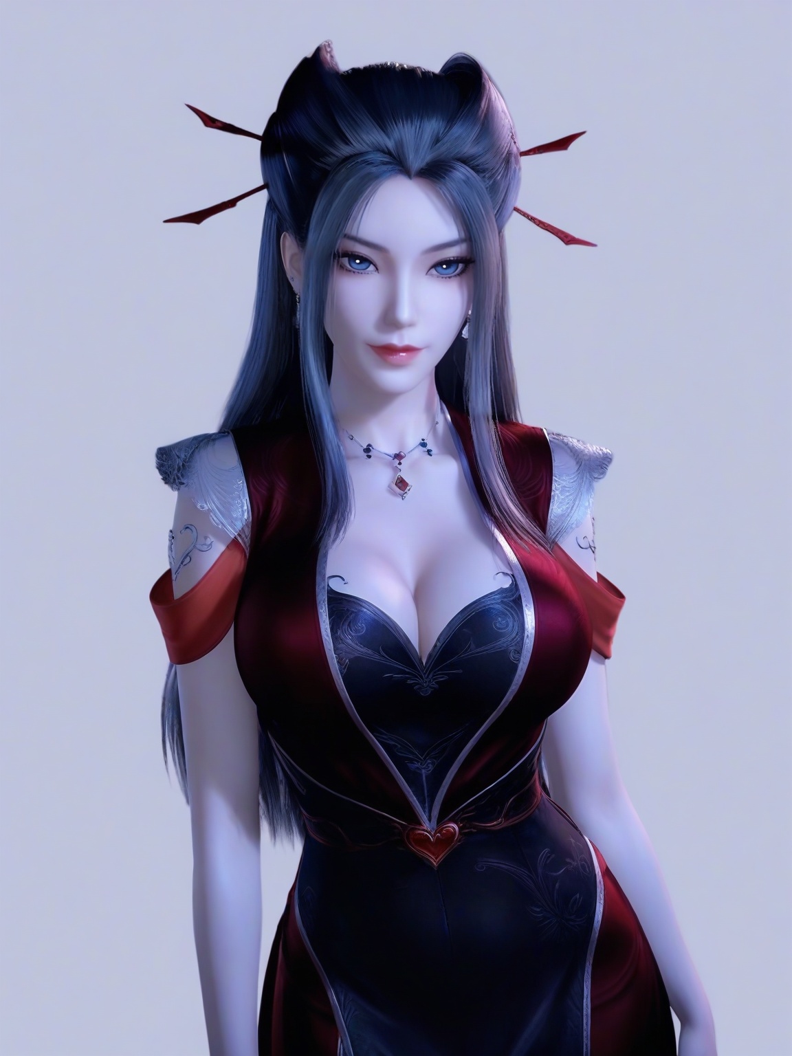 score_9,1girl,solo,dress,long hair,standing,earrings,hair ornament, eyelashes, large breasts, standing,lipstick,cowboy shot, looking at viewer,simple background,<lora:SF_YanLingJiRedClothes_Pony_Realism2.3-000004:0.7>,