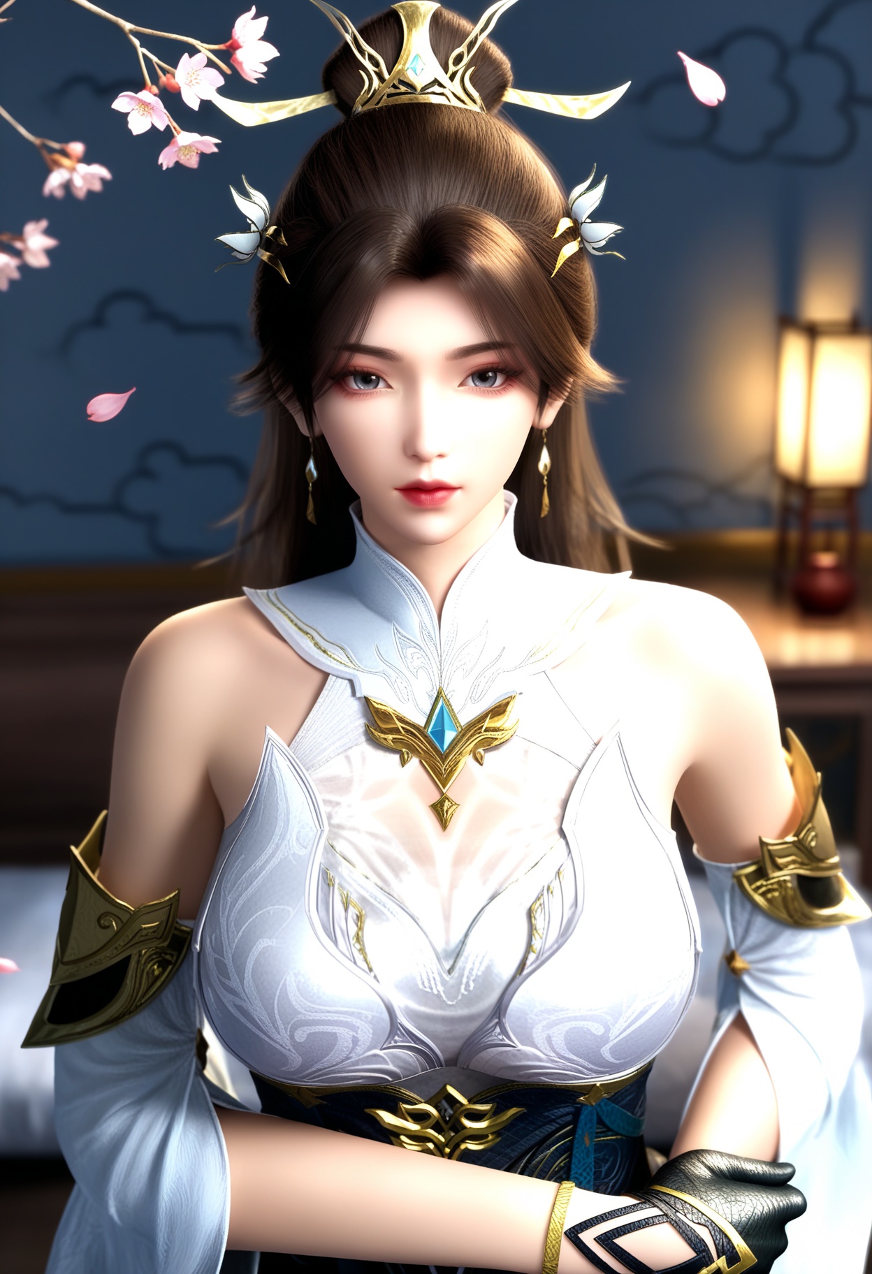 masterpiece,best quality,amazing quality,high resolution,ultra-detailed,absurdres,(looking at viewer:1.1),upper body,(Dark room:1.3),(moody lighting:1.1),peach blossom,falling petals BREAK large breasts,lingxi,1girl,solo,long hair,brown hair,jewelry,dress,hair ornament,earrings,bare shoulders,white dress,detached sleeves,hair bun,gloves,chinese clothes BREAK photorealistic details,<lora:QQSilllingxiV1:0.8>,