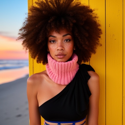 A young woman with light brown skin and a large afro hairstyle is looking directly at the viewer. She is wearing black eye...