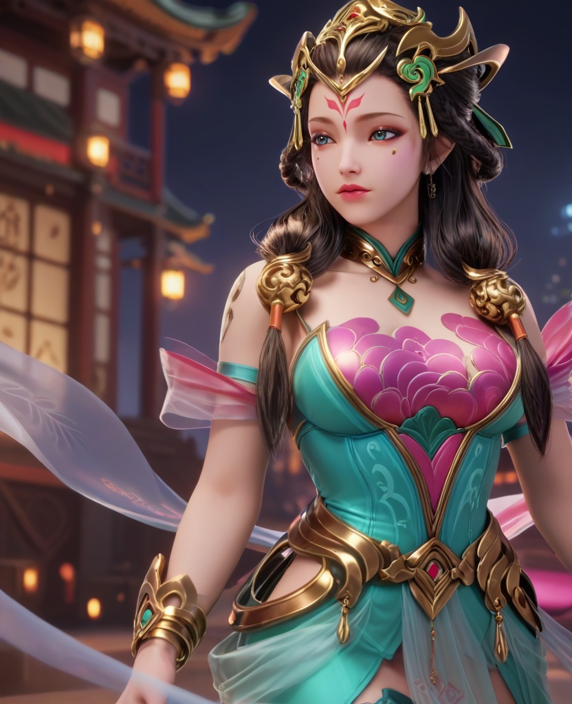 (oriental architecture, elegant decor, sophisticated style:1.1),(Standing with one foot in front, looking sideways,:1.1),(breasts:1.2),(veil:1.1),<lora:XL16王者荣耀杨玉环:0.95>,miss yangyuhuan,green stain mermaid evening gown,pink bra,blue eyes,mole under eye,eyeshadow,forehead mark,black hair,long hair,braid,hair ornament,makeup,bare shoulders,pink silk shawl,bracelet,belt,anklet,, score_9,score_8_up,score_7_up,score_6_up,score_5_up,score_4_up,3d rendering,tag1,tag2, Cinematic Lighting,backlighting,, zPDXL3, zPDXL2,zPDXL, zPDXLxxx, zPDXLrl,