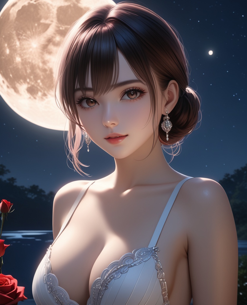 (,1girl, ,best quality, ),looking at viewer,masterpiece, (( , )),, realistic,science fiction,mole, ultra realistic 8k cg, moonlight,full moon,  rose,(cleavage), (),