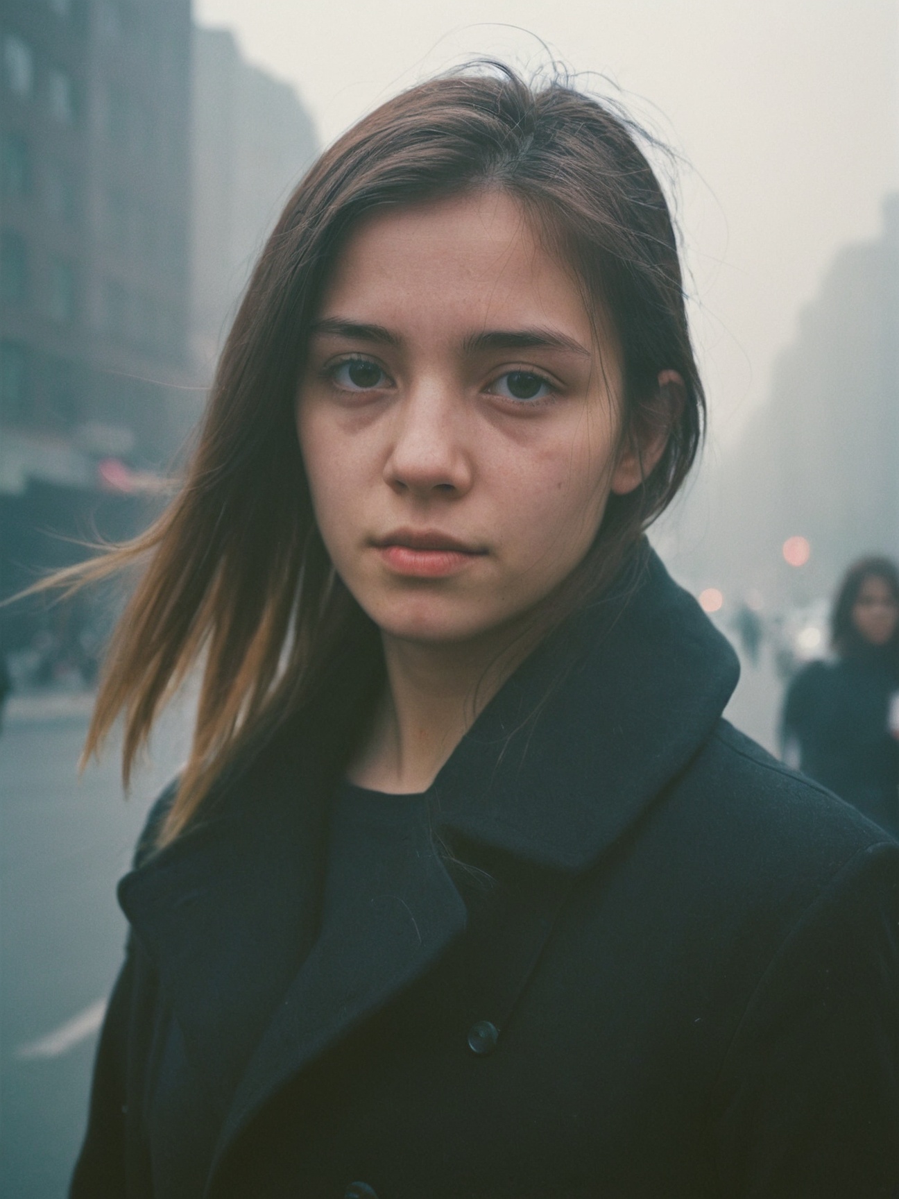 photography,  city street,  closeup portrait photo of young woman in dark clothes on Tensor.Art