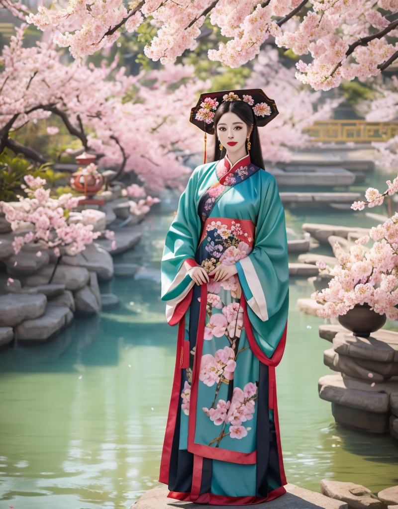1girl,solo,flower,chinese clothes,jewelry,earrings,holding,hand fan,full body,hair ornament,long sleeves,petals,holding fan,black hair,cherry blossoms,standing,hair flower,pink flower,dress,blurry,red lips,wide sleeves,floral print,hanfu,hat,looking at viewer,lips,updo,realistic,outdoors,animal print,day,shadow,<lora:qing dynasty1:0.8>,<lora:手指u:1>,