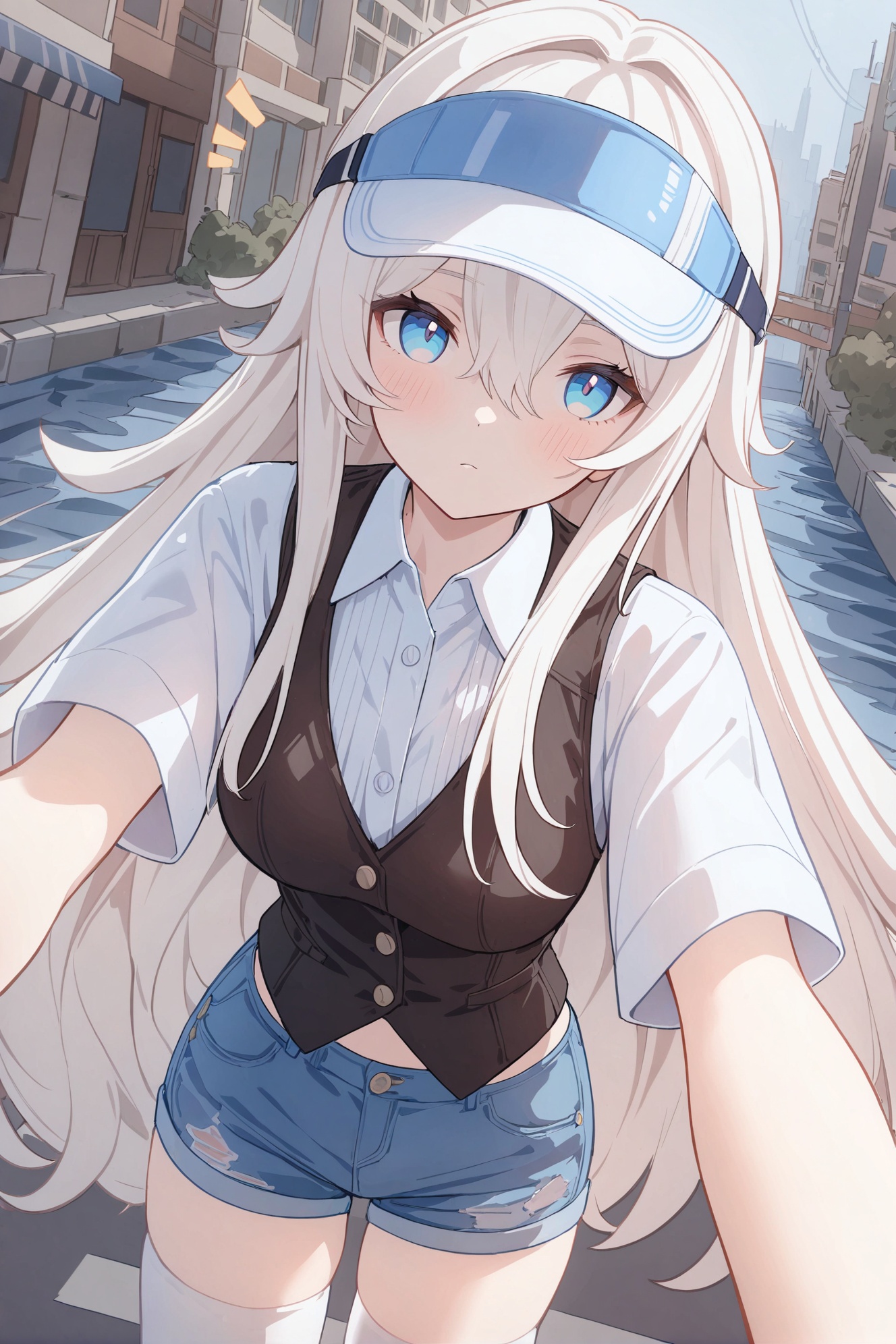line art,line style,street,river,cityscape,1girl,solo,blue eyes,white hair,long hair,hair between eyes,small,waistcoat,denim shorts,visor cap,sunglasses,white thighhighs,light blush,looking at viewer,expressionless,notice line,pov,close-up,dutch angle,masterpiece,bestquality,