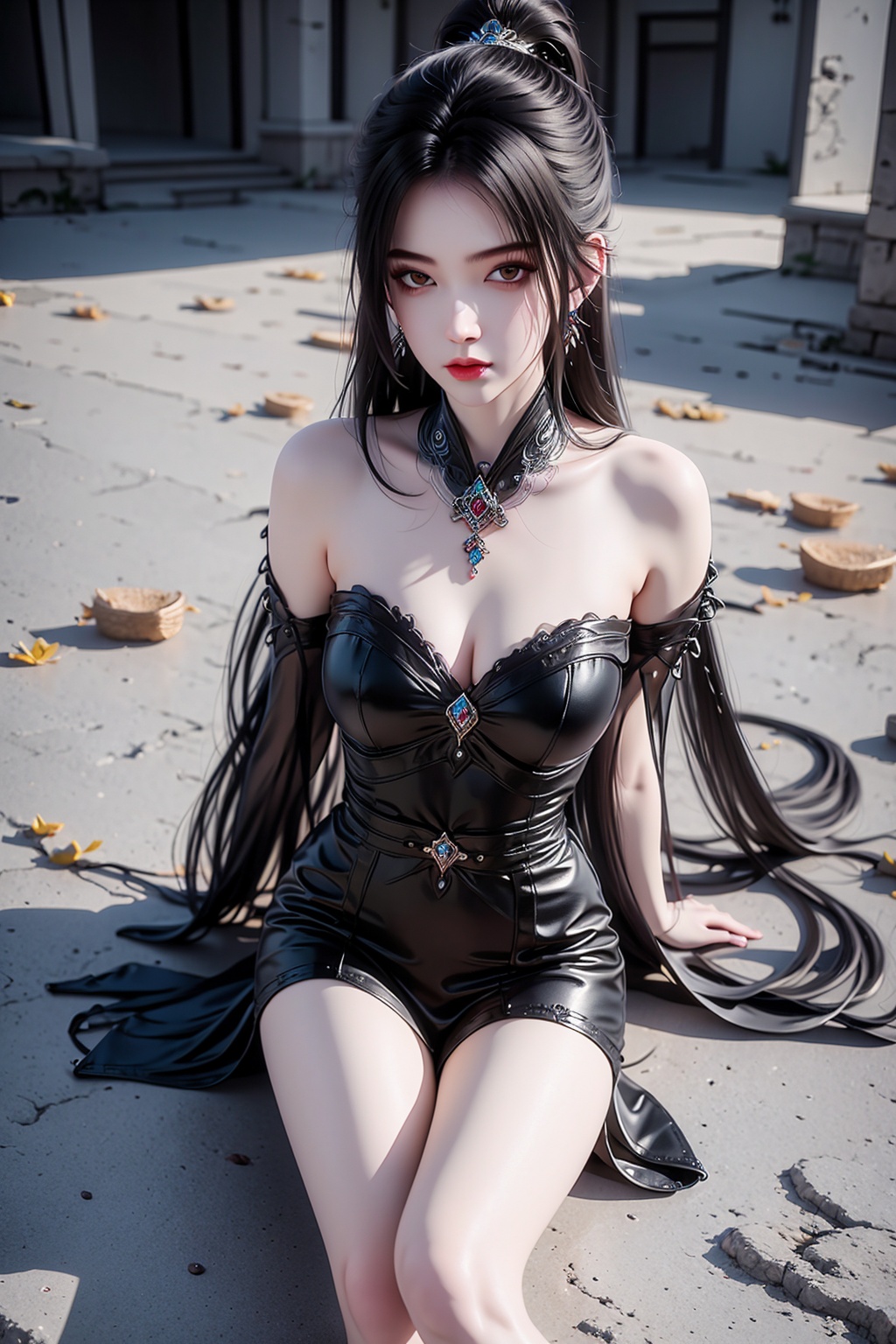 <lora:宁姚第一版:1>,1girl, sitting, solo, dress, long hair, hair ornament, boots, jewelry, earrings, black hair, black dress, bare shoulders, breasts, black footwear, looking at viewer, hair bun, rock
