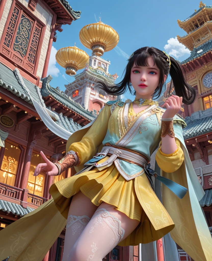 (oriental architecture, elegant decor, sophisticated style:1.1),(floating in the air,in a spaceship, gravityless space:1.1),(breasts:1.2),<lora:XL少年歌行司空千落:0.95>,miss sikongqianluo,azure tunic outerwea with yellower top underneath,gradient colored overskirt with yellow pleated skirt underneath,white print thighhighs,black hair,hair ornament,heterochromia,choker,bangs,cape,belt,lips,leather wristband,, score_9,score_8_up,score_7_up,score_6_up,score_5_up,score_4_up,3d rendering,tag1,tag2, Cinematic Lighting,backlighting,