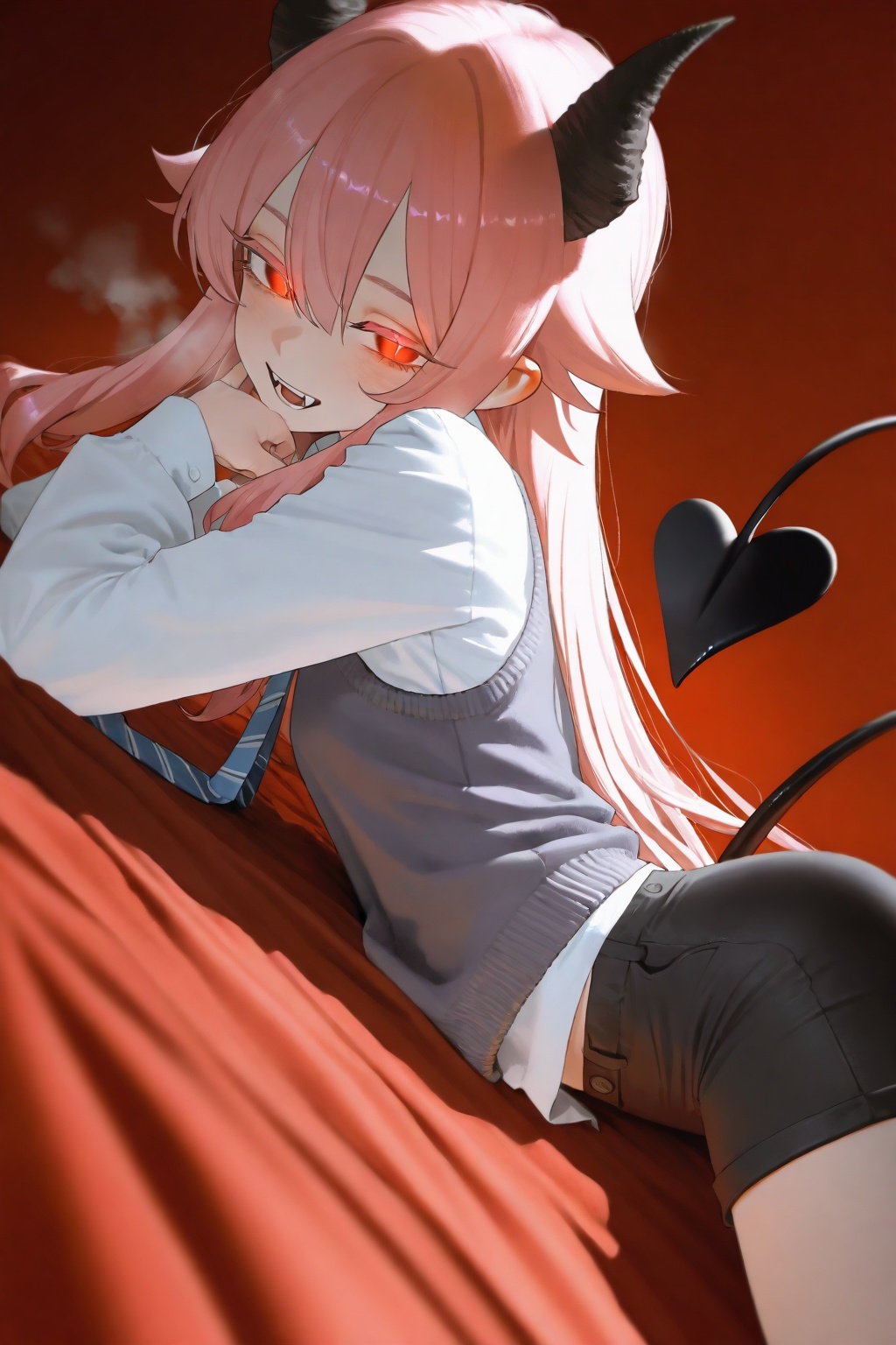 highres,absurdres,very awa,masterpiece,best quality,newest,year 2024,kukka,mocha \(cotton\),(banishment:1.2),(biya \(1024\):0.8),(amonitto:0.5),(rei \(sanbonzakura\):0.7),(ask \(askzy\):0.8),magion02,mgong520,(rkrk12:0.3),(gurande \(g-size\):0.6),(yomu \(sgt epper\):0.5),(wlop:0.7),vanripper,(ryota \(ry o ta\):0.8),konya karasue,(tianliang duohe fangdongye:1.2),(dino \(dinoartforame\):0.5),(fkey:0.7),rella,bm tol,(realistic:0.6),3d,\n,red background,1girl,solo,demon girl,red hair,pink hair,long hair,very long hair,hair between eyes,bangs,hair flaps,long sidelocks,colored eyelashes,long eyelashes,thick eyelashes,red eyes,slit pupils,glowing eyes,horns,(demon horns:1.3),black horns,fangs,school uniform,blue necktie,striped necktie,vest,sweater,shirt,long sleeves,shorts,black shorts,black tail,cowboy shot,light blush,seductive smile,looking at viewer,half-closed eyes,steaming body,lying,on stomach,bed sheet,side view,depth of field,tail,thin tail,heart-shaped tail,red sheet,