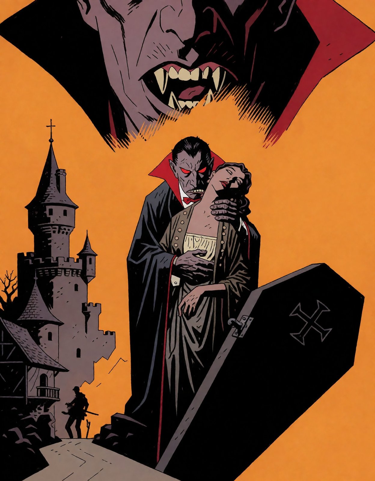 MignolaStyle,  Dracula standing in the center behind a woman,  biting her neck on Tensor.Art