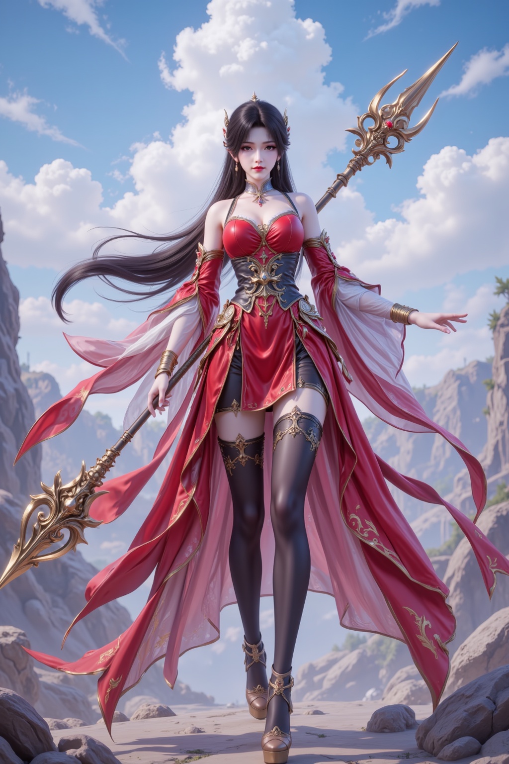 <lora:绚丽多彩·优化9:0.8>,lvjing,1girl,weapon,solo,long hair,thighhighs,jewelry,holding,holding weapon,polearm,sky,earrings,cloud,full body,black hair,breasts,outdoors,black thighhighs,dress,looking at viewer,red dress,high heels,detached sleeves,holding polearm,standing,spear,garter straps,5,
