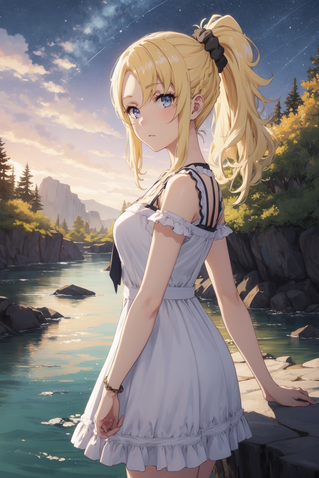 <lora:Nodoka:0.8>,Nodoka CYQL,1girl,looking at viewer,solo,blonde_hair,ponytail,bangs,long_hair,hair_scrunchie,black_scrunchie,scrunchie,blue_eyes,Wrap-front sundress with a V-neckline and tie closure,drunk,bust,River, Canyon, Rocks, Water, Rapids, Wildlife, Serenity, Adventure,(Ancient oaks, Moss-covered branches, Sun-dappled forest floor, Enchanted atmosphere, Forest spirits, Timeless beauty:0.5),beautiful detailed sky,beautiful detailed glow,posing in front of a colorful and dynamic background,masterpiece,best quality,beautiful and aesthetic,contrapposto,female focus,wallpaper,
