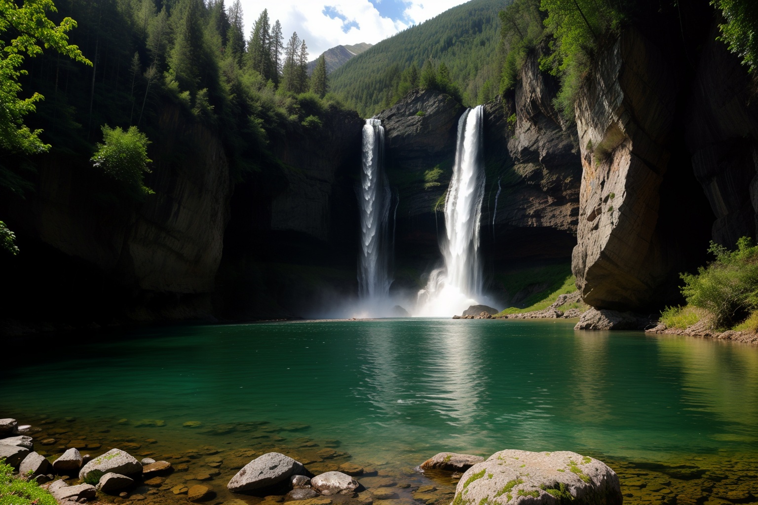 beautiful mountain lake with waterfall (hdr) on Tensor.Art