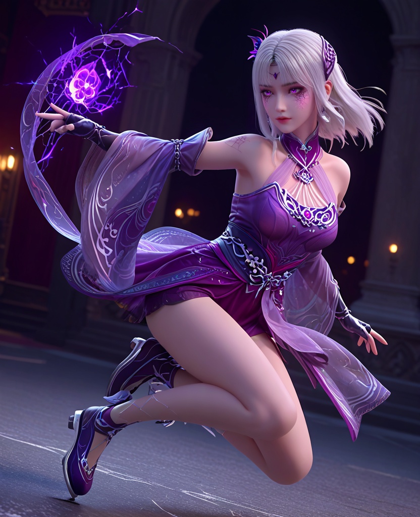 (oriental architecture, elegant decor, sophisticated style:1.1),(skating, jumping:1.1),(breasts:1.2),<lora:XL斗破苍穹小医仙P:0.85>,elder sister,purple dress,white hair,(purple eyes:1.1),bangs,hair ornament,bare shoulders,purple veil,jewelry,fingerless gloves,sash,(facial tattoo:1.2),(cracked skin:1.2),, score_9,score_8_up,score_7_up,score_6_up,score_5_up,score_4_up,3d rendering,tag1,tag2, Cinematic Lighting,backlighting,