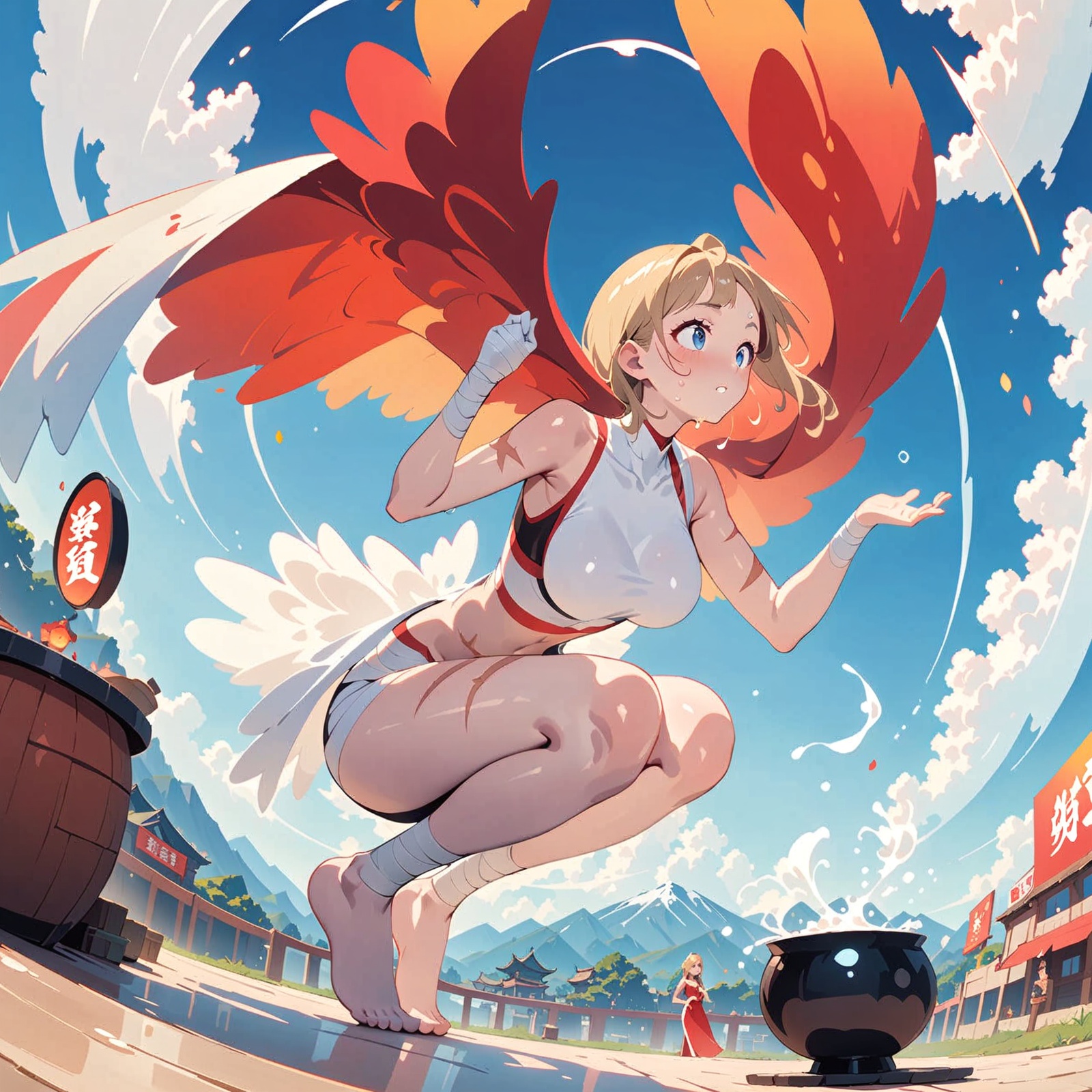 leagueoflegends,lol,splashart,womanwearingawitchcostume,hauntedforestinthebackground,cauldron,bubbles,scarysetting,Facial lighting,Volumetric light,Angel,bandages,delicate face,(((hands raised,))),(((hanging:1.5))),looking to the ground,tiptoeing,sweat,scars,large breasts,angel,(Milky skin, shiny skin:1.5),(bandages:1.4),feathered wings,angel wings,barefoot,blush,(skinny legs:1.5),platinum blonde hair,((breasts)),Hands together,Hair,(scar:1.5),sweat,White liquid,(Huge wings:1.5),((squatting)),from below,full body,Fisheye lens,offcial art,colorful,Colorful background,splash of color,movie perspective,(advertising style, magazine cover:1.4),A beautiful woman with delicate facial features,(meca style),full body portrait,Best quality,masterpiece,ultra high res,Modern,Chinese,Song rhyme,Oriental,pretty,Blue eyes,(wide shot, wide-angle lens,Panoramic:1.2),super vista,super wide Angle,Low Angle shooting,super wide lens,masterpiece,best quality,ultra-detailed,