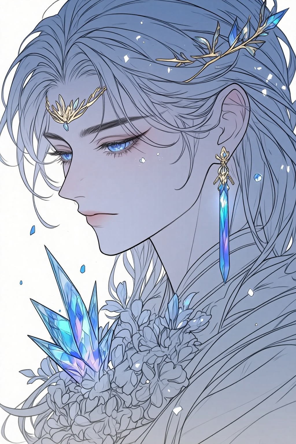 ZOZ_SUMIAOHH,ZOZ_SUMIAOMIAO,a digital illustration shoot from a profile camera angle about a close-up portrait of a woman with blue hair adorned with sparkling crystals and flowers,the image also shows a serene and ethereal atmosphere,with a focus on the womans delicate features and intricate jewelry,on the middle of the image,a 1woman,who appears to be in her early twenties,with long,wavy,light blue hair and blue eyes,is facing away from the viewer,with her closed mouth and closed eyes looking to the side,she is wearing a gold crown adorned with leaves and a pair of earrings with blue crystals,her hair is styled in a long,flowing manner,and she has a gentle expression on her face,the background is a simple,white gradient,and the image has a soft,ethereal quality with soft shading and delicate details,