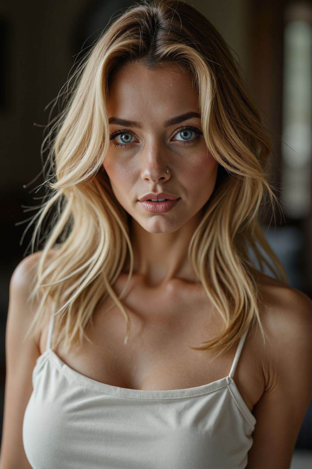 HDR photo of cinematic film still,This is a beautiful photograph of a woman,blonde hair cascading over her shoulders. She is wearing a boatneck dress, Looking at the viewer, closed mouth,