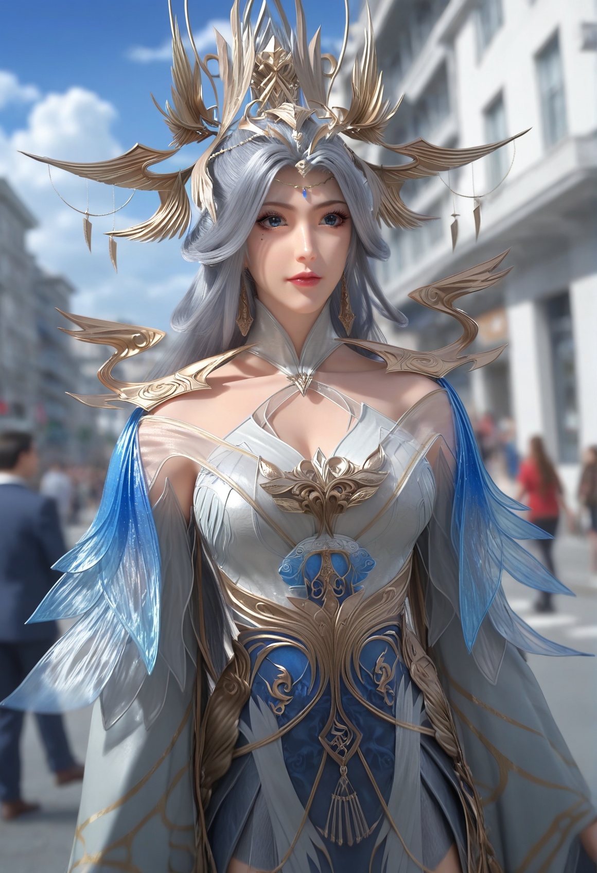 (score_9),<lora:宁雨蝶-apony:0.83>,nyd,(mature_female:1.1),solo,hair ornament,tiara,long hair,hair bun,mole under eye,shoulder guard,high collar,detached collar,detached sleeves,dress,circlet,jewelry,dangle earrings,<lora:perfect eyes_v1:0.8>,blue eyes,front view,<lora:Expressive_H-000001:0.8>,(waving:1.1),glamor,collarbone,pointy breasts,puffy breasts,large breasts,outdoors,street,blue sky,blur background,building,city,cloud,cloudy sky,day,depth of field,(white_skin:1.1),(fair_skin:1.1),