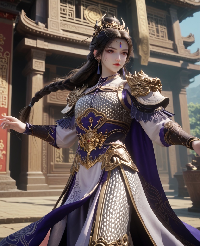 (oriental architecture, elegant decor, sophisticated style:1.1),(dancing,jumps:1.1),(breasts:1.2),<lora:XL16牧神记虞渊初雨:0.95>,female general,white armor,orange eyes,forehead pendan,black hair,very long hair,half-up braid with long cascading hair,earrings,pauldrons,vambraces,sash,faulds,purple cape,jambeau,, score_9,score_8_up,score_7_up,score_6_up,score_5_up,score_4_up,3d rendering,tag1,tag2, Cinematic Lighting,backlighting,