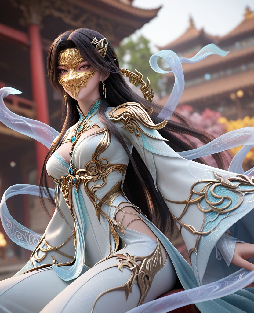 (oriental architecture, elegant decor, sophisticated style:1.1),figure four sitting,(breasts:1.2),<lora:XL16完美世界狠人大帝:0.95>,miss henren,white high-slit corset gown,brown eyes,black hair,very long hair,long front strands,earrings,jewelry,wide flowing sleeves,hagoromo,bronze mask,, zPDXL2, score_9, score_8_up, score_7_up BREAK realistic, masterpiece,best quality, highly detailed,, zPDXL3, zPDXL2,zPDXL, zPDXLxxx, zPDXLrl,