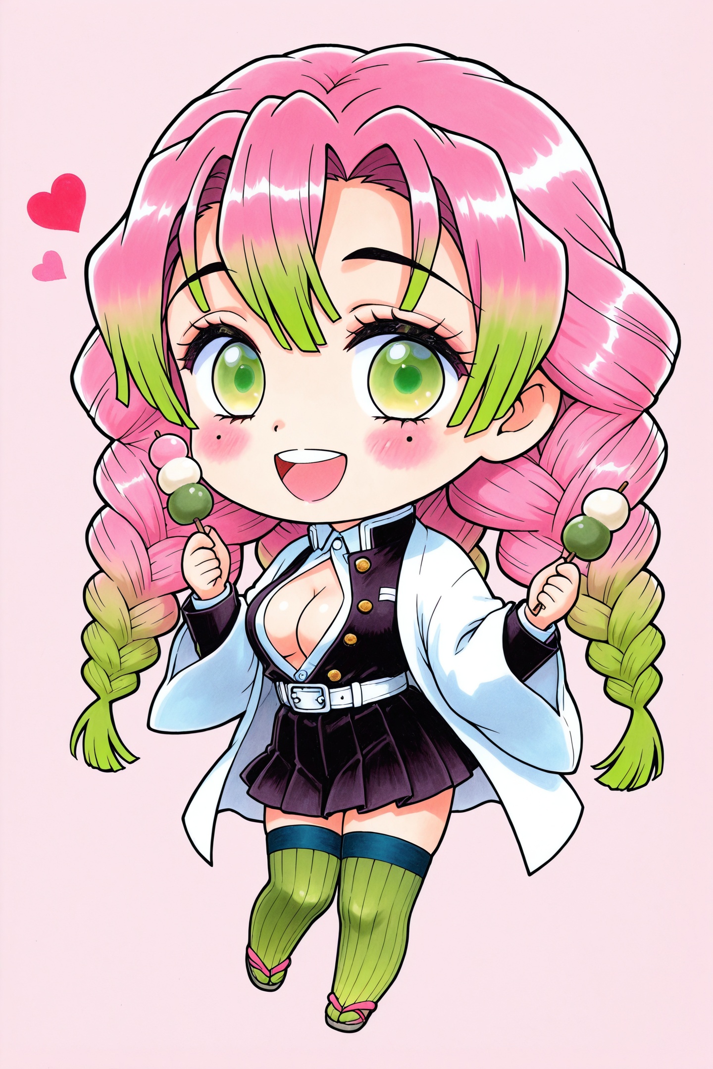 Juu Kuroinu Style,1girl,kanroji mitsuri,demon slayer uniform,mole under eye,solo,mole,pink hair,wagashi,green thighhighs,dango,green hair,green eyes,thighhighs,multicolored hair,food,sanshoku dango,heart,braid,long hair,gradient hair,open mouth,mole under each eye,skirt,holding,looking at viewer,smile,tri braids,simple background,flower,multiple moles,haori,pleated skirt,black skirt,belt,long sleeves,ribbed thighhighs,japanese clothes,jacket,traditional media,full body,chibi,<lora:black dog chibi_illustriousXL:1.5>,
