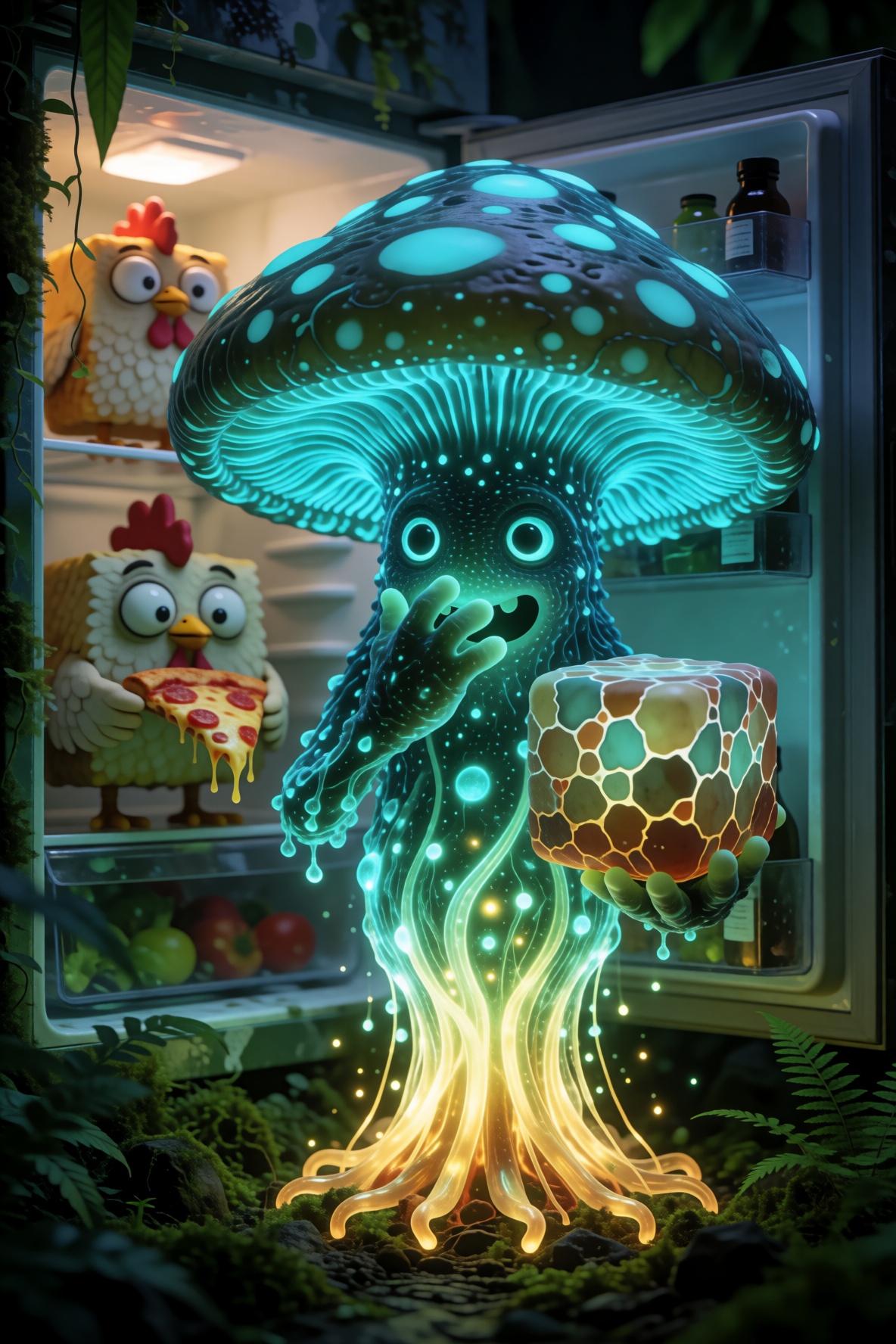tic_biolum_jungle,  anthropomorphic mushroom entity,  with a big cap on Tensor.Art