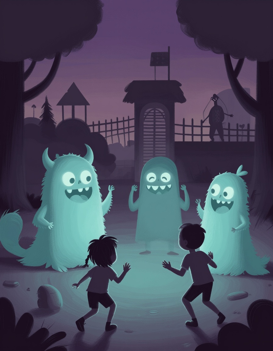 "Digital art painting,  spooky yet fun,  a playground at dusk where anthropomorphic shadow monsters play with kids on Tens...