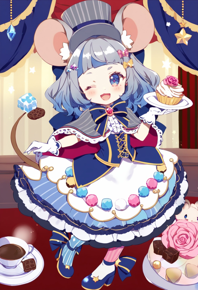 masterpiece, best quality,1girl,   sugar cube, bow, animal ears, mouse ears, cupcake, hat, cup, top hat, one eye closed, star \(symbol\), flower, dress, jewelry, holding, mouse girl, gloves, bangs, striped, blue eyes, solo, capelet, food, rose, curtains, asymmetrical legwear, looking at viewer, open mouth, animal ear fluff, spoon, teacup, mismatched legwear, pantyhose, mouse, vertical stripes, argyle, blue hair, earrings, footwear bow, hair bow, tail ornament, yellow bow, mouse tail, blue bow, cookie, white gloves, tail, full body, frills, brooch, shoes, checkerboard cookie, blue capelet, hair ornament, animal, blush, teapot, grey hair, striped headwear, white dress, blunt bangs, long hair, bowtie, gem, blue ribbon, tail bow, high heels, pink rose, whipped cream, ribbon, hat ornament, pink flower, :d, saucer, plate, argyle dress, blue bowtie, striped clothes, corset, smile, layered dress <lora:yumenouchiXLlokr-000049:1>