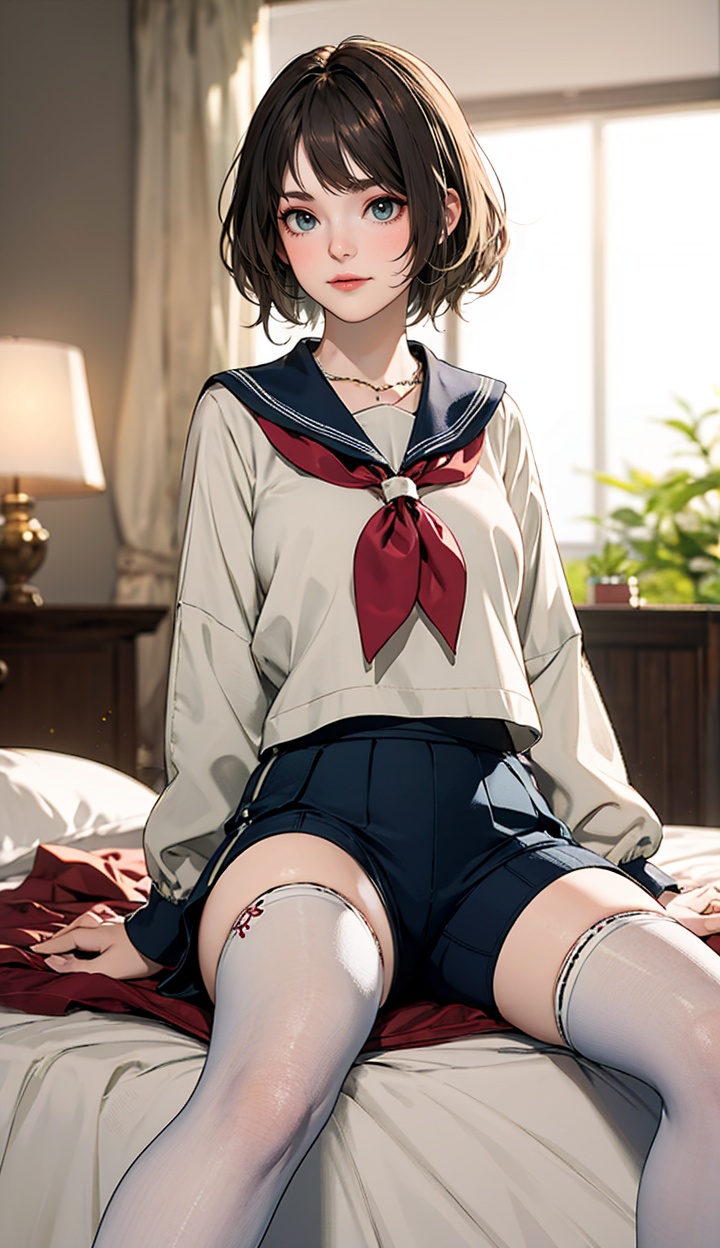 1girl,short hair,thighhighs,indoors,solo,no shoes,huge breasts,sitting,window,school uniform,looking at viewer,long sleeves,white thighhighs,closed mouth,bed,on bed,serafuku,curtains,sailor collar,skirt,bedroom,sunlight,shirt,neckerchief,jewelry,blurry background,shorts,ashley,<lora:ashleyre4r-000005:0.8>,
