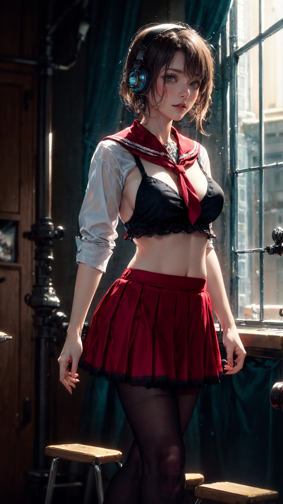 tutututu,red_skirt, school uniform, black_bra, underwear, lingerie, midriff, red_sailor_collar, high heels,(black pantyhose), Jane Eyre with headphones, natural skin texture, 24mm, 4k textures, soft cinematic light, adobe lightroom, photolab, hdr, intricate, elegant, highly detailed, sharp focus, ((((cinematic look)))), soothing tones, insane details, intricate details, hyperdetailed, low contrast, soft cinematic light, dim colors, exposure blend, hdr, faded, <lora:tutuZFV5_00004:0.8> 