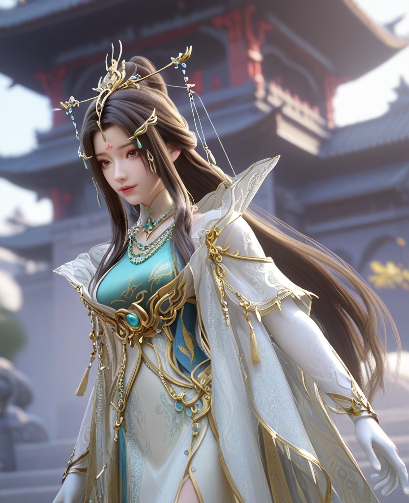 (oriental architecture, elegant decor, sophisticated style:1.1),(Hands pressed against the wall, knees slightly bent, hips thrust back invitingly, she embodies the raw animalistic nature of lust that drives us all to seek out new heights of pleasure:1.1),(Over-the-shoulder, capturing part of the back and the subject's forward view:1.1),(large breasts:1.2),<lora:XL16云深不知梦云望舒少宗主服:0.95>,miss yunwangshu,white gown with tulle skirt,shawl,brown eyes,forehead mark,very long hair,traditional chinese updo with long front strands,hair ornament,jewelry,blue bandeau,white gloves,, score_9,score_8_up,score_7_up,score_6_up,score_5_up,score_4_up,3d rendering,tag1,tag2, Cinematic Lighting,backlighting,