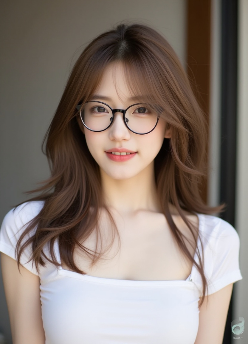 A woman is wearing a white **** top. She has long brown hair that is falling over her shoulders. She is wearing black framed glasses.