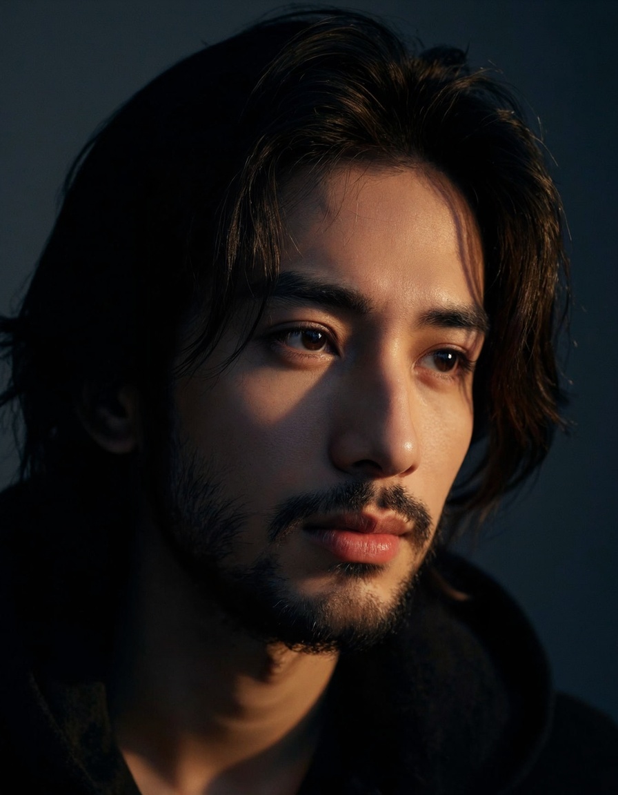 a man with long hair and beard,(from above:1.1),from side,soft lighting,high resolution,professional grade,RAW photography,evocative composition,Cinematic Lighting,moody lighting,perfect eyes,depth of field,virtual background,eyes focus,<lora:majichandsome1:0.8>,