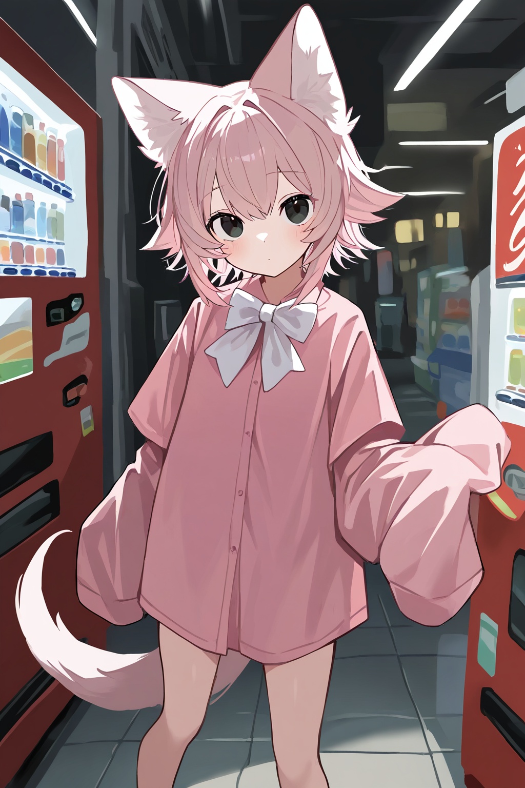 masterpiece, best quality, doremifaso64, 1girl, solo, looking at viewer, shirt, long sleeves, bow, animal ears, standing, tail, pink hair, indoors, bowtie, black eyes, sleeves past wrists, feet out of frame, white bow, sleeves past fingers, pink shirt, oversized clothes, vending machine,sketch,